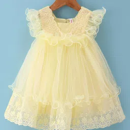 Babyhug Woven Sleeveless Fit & Flared Party Frock with Floral Embroidery & Ruffle Detailing - Light Yellow-picture-20