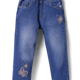 Babyhug Denim Full Length Washed Stretch Jeans With Butterfly Embroidery - Blue-picture-12