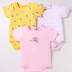 kookie kids india Kookie Kids Interlock Knit Half Sleeves Onesies With Heart & Rainbow Print Pack of 3 - Pink & Yellow-picture-15