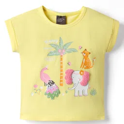 Little Kangaroos Cotton Knit Half Sleeves Jungle Theme Printed T-Shirt with Sequin & Embroidery Detailing - Yellow-picture-24