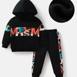 Mark & Mia Full Sleeves Hooded Winter Wear Sweatshirt & Lounge Pant Set with Text Print - Black-picture-26