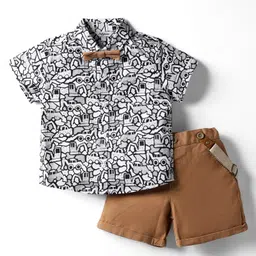 ToffyHouse Cotton Woven Half Sleeves Vehicle Printed Party Shirt & Shorts Set with Bow & Suspender - Brown-picture-33