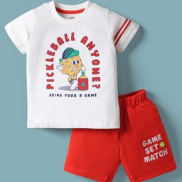 Zero Sinker Knit Half Sleeves T-Shirt & Shorts Set With Pickleball Print - White & Red-picture-32