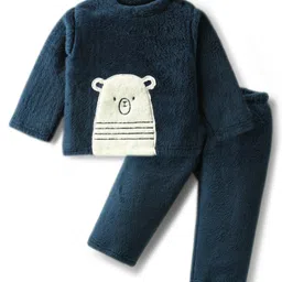 Babyhug Velour Knit Full Sleeves Winterwear Nightsuit with Bear Patch - Navy Blue-image-98