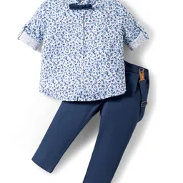 ToffyHouse Cotton Knit Full Sleeves Floral Printed Party Shirt & Pant Set with Bow & Suspender - Navy Blue-image-98