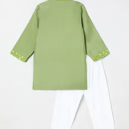 BYB Premium Chanderi Woven Full Sleeves Hand Embroidered Mirror Work Detailed Kurta Pyjama Set - Sage Green image 3