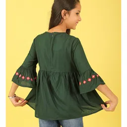 ISHTI Woven Three Fourth Sleeves Floral Embroidered & Beads Embellished Top - Bottle Green image 3