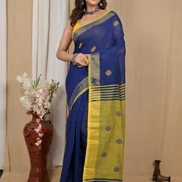 PuJoy Geometric Woven Design Achkol Design Pure Cotton Taant Saree image 2