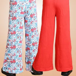 Lilpicks Couture Pack Of 2 Solid & Seamless Floral Printed Flared Pyjamas - Blue & Red image 5