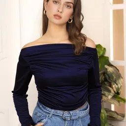 Womenster Women Off-Shoulder Crepe Crop Top-image-2