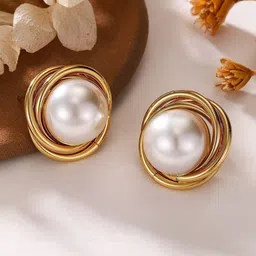 DIVASTRI Stainless Steel 18K Gold-Plated Pearls Beaded Circular Shaped Drop Earrings-image-86