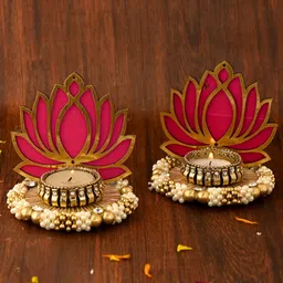 Aapno Rajasthan White & Gold-Toned 2 Pieces Lotus Shaped Metal Candle Holders image 2