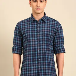 CAVALLO by Linen Club Slim Fit Windowpane Checked Long Sleeves Cotton Linen Shirt-image-31