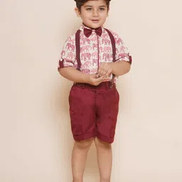 AJ Dezines Cotton Blend Half Sleeves Elephant Printed Shirt With Solid Shorts & Suspender With Cap & Bow - Maroon-picture-27