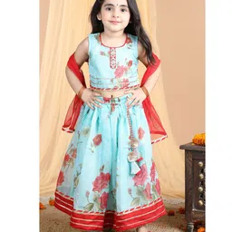 Kinder Kids Sleeveless Floral Printed & Gota Lace Embellished Coordinating Lehenga & Choli Set - Blue image 1