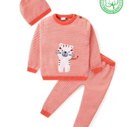 Babyhug Knitted Full Sleeves Striped Sweater Set with Cap & Tiger Patch - Peach-picture-13