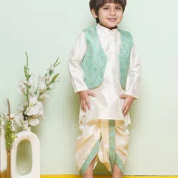 AJ Dezines Full Sleeves Solid Kurta With Floral Ethnic  Printed Jacket & Dhoti - Green-picture-16