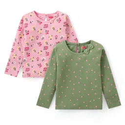 Babyhug 100% Cotton Knit Full Sleeves T-Shirt with Floral & Polka Dot Print with Bow Pack of 2- Green & Pink-picture-17