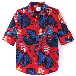INFINITY Cotton Full Sleeves Leaves Printed Shirt - Red-picture-12