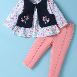 ToffyHouse Interlock Knit Full Sleeves Top & Lounge Pant Set With Floral Print & Embriodered Shrug - Pink & White-image-66