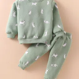 Teddy Fleece Full Sleeves Winter Wear Night Suit With Cat Theme Print - Olive Green-picture-20