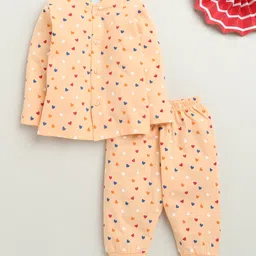 BUMZEE Cotton Full Sleeves Heart Printed Coordinating Night Suit Set - Peach-image-26