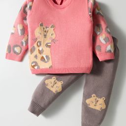 ToffyHouse Knitted Cotton Full Sleeves Winter Wear Suit With Animals Print - Light Red & Brown-picture-8