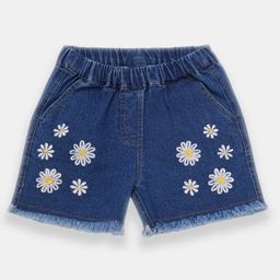 Creative Kids Denim Cotton Floral Embroidered Frayed Shorts - Navy Blue-picture-42