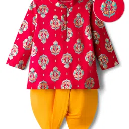 EARTHY TOUCH Single Jersey Knit Full Sleeves Kurta Dhoti Set With Floral Print - Red-picture-18