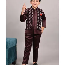Fourfolds Velvet Woven Full Sleeves Sequins Embellished 3 Piece Party Suit Set - Wine-picture-23
