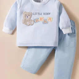 Be Baby Interlock Knit Full Sleeves T-Shirt & Joggers Set With Teddy Patch Print - Light Blue-picture-23