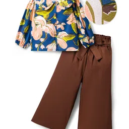 OLLINGTON ST. Rayon Woven Full Sleeves Floral Printed Top & Cotton Twill Flared Pants with Belt - Blue & Brown-picture-12