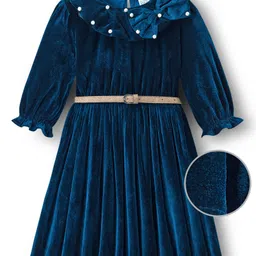 Hola Bonita Knit Three Fourth Sleeves Velvet Party Dress With Pearl Highlighting On Collar & Belt - Teal Blue-picture-30