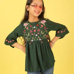 ISHTI Woven Three Fourth Sleeves Floral Embroidered & Beads Embellished Top - Bottle Green-picture-27