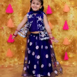 KID1 Net Woven Sleeveless Floral Embroidered Lehenga Choli With Attached Jacket & Dupatta Set - Navy Blue-picture-22