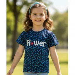 Pranava Organic Cotton Knit Half Sleeves Flower Text & Floral Printed Top - Navy Blue-picture-16