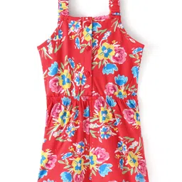 Babyhug Single Jersey Knit Sleeveless Jumpsuit with Floral Print Bow Frill & Pockets Detailing - Red image 2
