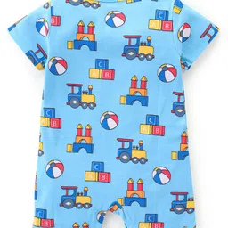 Babyhug 100% Cotton Knit Interlock Half Sleeves Romper With Train Print - Blue image 2