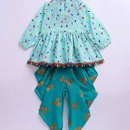 M'andy Rayon Woven Full Sleeves Birds Printed & Sequins Embellished Kurti & Dhoti Set - Green image 3