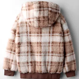 Little Kangaroos Drop Shoulder Full Sleeves Checkered Hooded Winter Jacket - Brown image 3