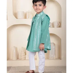 Polka Tots Cotton Woven Full Sleeves Solid Kurta Pyjama With Foil Striped Jacket Set - Aqua image 4