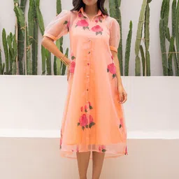 Ambraee Floral Print Puff Sleeves Organza Shirt Midi Dress-picture-41
