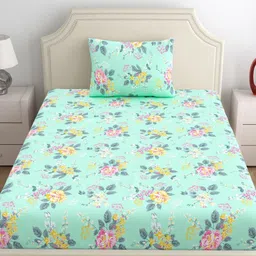 Home Ecstasy Green Floral 140 TC Single Bedsheet with 1 Pillow Covers image 4