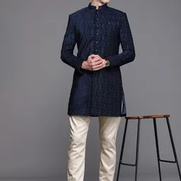 Manyavar Men Navy Blue Self Design Velvet Finish Sherwani & Pyjama Set image 5