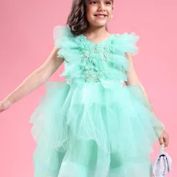 Mark & Mia Sleeveless Party Frock with Frill Detailing & Floral Applique - Green-picture-15