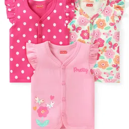 Babyhug 100% Cotton  Frill Sleeves Front Open Vests Floral & Polka Dots Print Pack of 3 - Pink-image-88