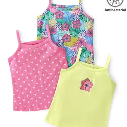 Babyhug 100% Cotton Antibacterial Sleeveless Slips with Floral & Polka Dots Print Pack Of 3 - Blue Pink & Yellow-picture-20