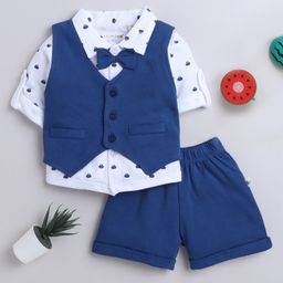 BUMZEE Full Sleeves Solid & Abstract Printed 3 Piece Shirt With Shorts - Navy & White-picture-1