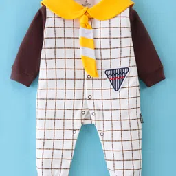 Child World Interlock Full Sleeves Sailor Neck Checked Romper With Tie - White & Golden-picture-21