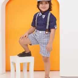 AJ Dezines Half Sleeves Solid Shirt With Checked Coordinating Shorts Suspenders Cap & Bow Set - Grey-picture-16
